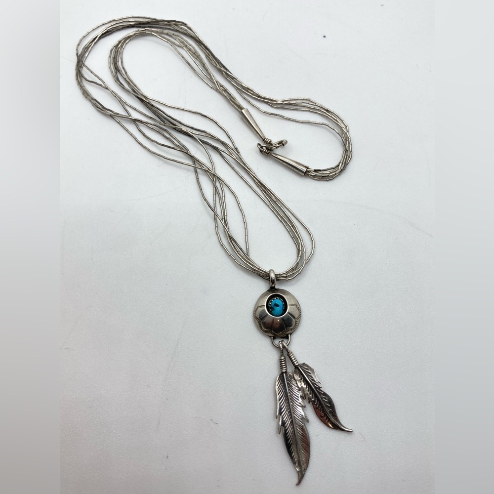 Vtg Navajo Sterling & Turquoise Feather Pendant Liquid Silver Chain | 20” + 2.5”